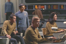 Captain Pike, Spock, José Tyler and Number One on the bridge of the Enterprise